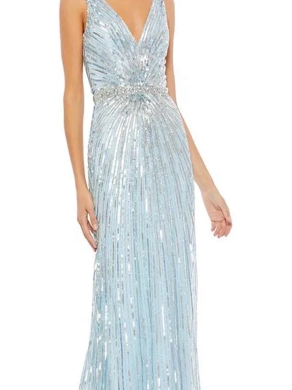 Mac Duggal Ice Blue Sequin V-Neck Maxi Gown